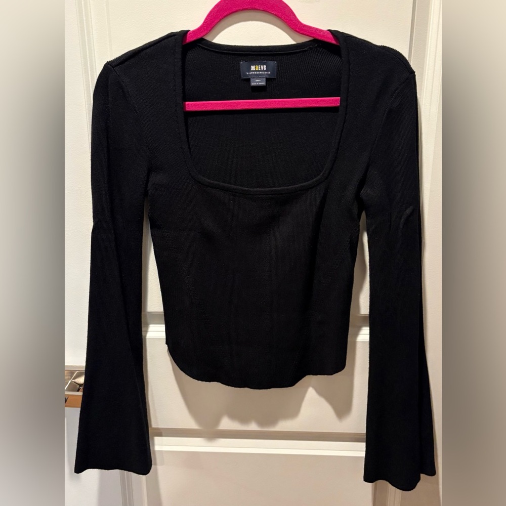 Maeve by Anthropologie Ribbed Black Square-Neck Long Sleeve Top, Bell Sleeves